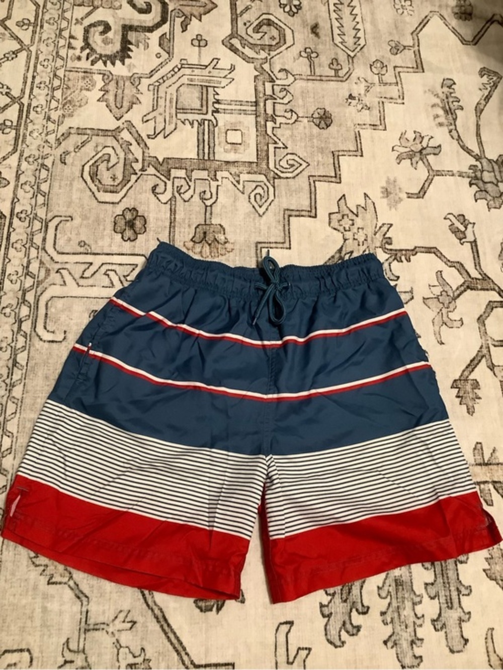 George Men's Navy, Red & White Striped Swim Trunks